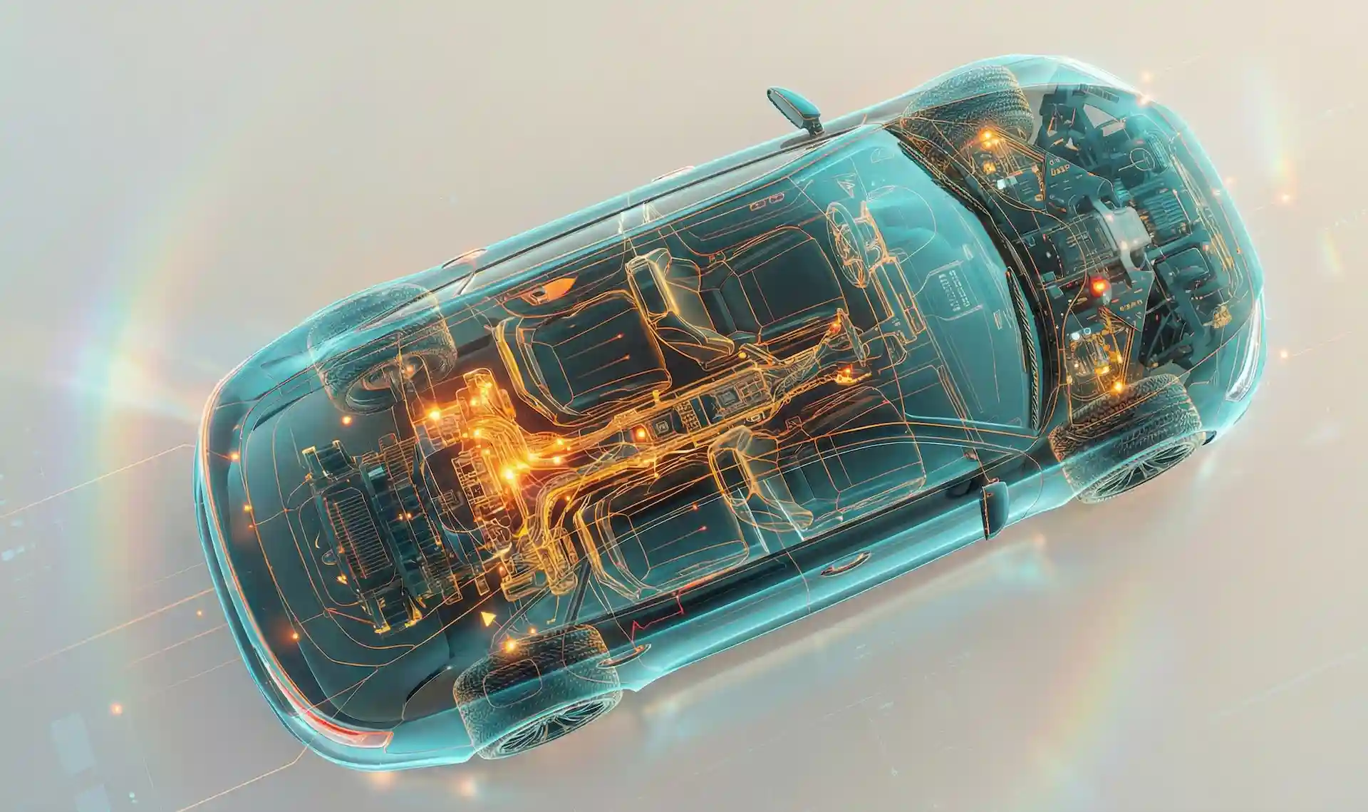 Automotive electronics X-ray visualization showing vehicle wiring and PCB systems