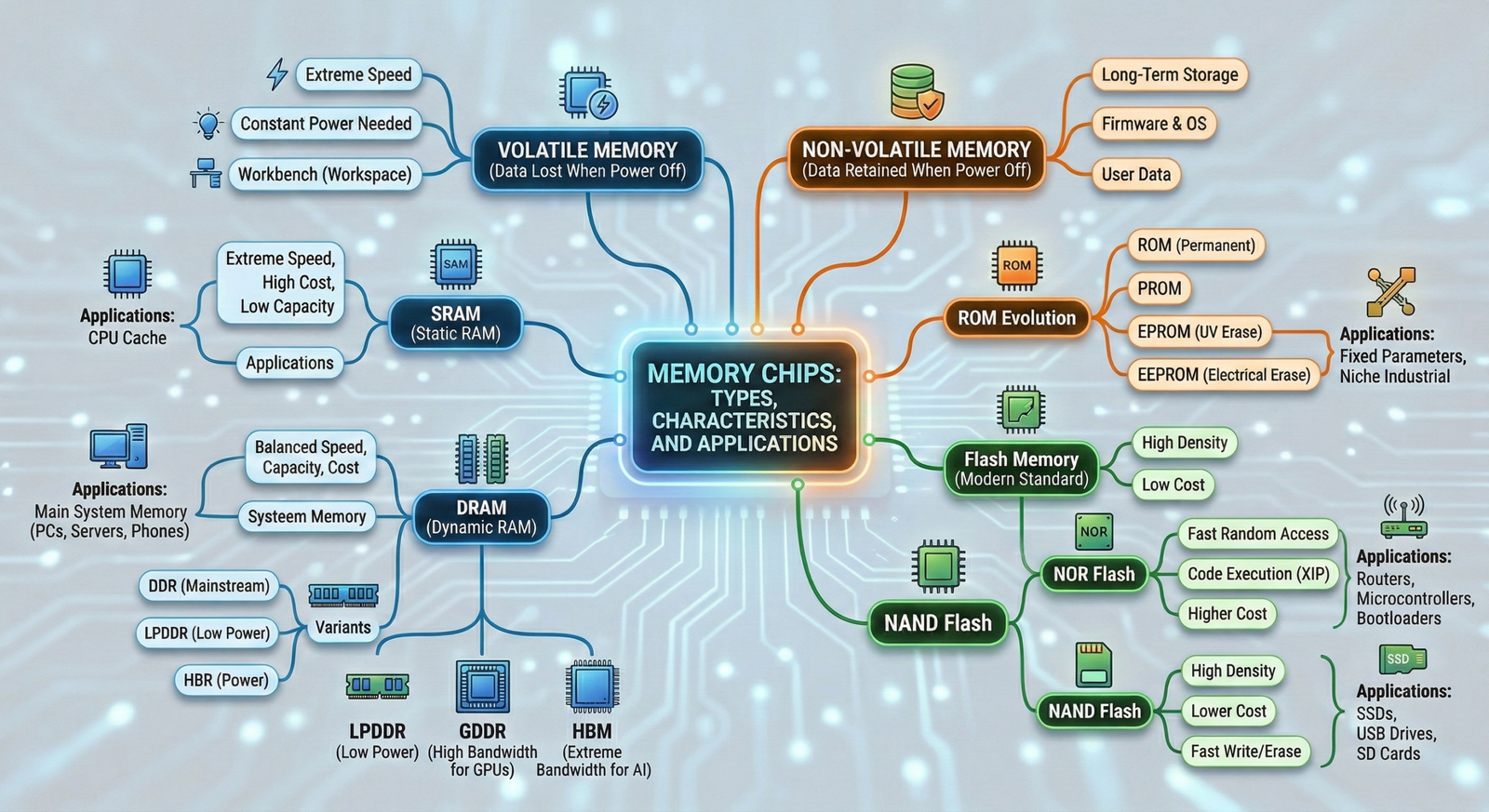 A detailed mind map categorizing memory chips into volatile and non-volatile types, listing characteristics and applications for SRAM, DRAM, ROM, NOR, and NAND Flash memory.
