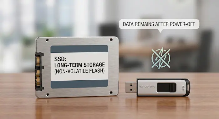 An SSD and a USB flash drive