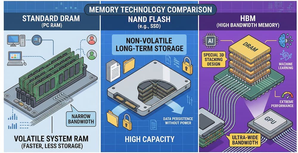 A simple diagram comparing DRAM, NAND, and HBM chips