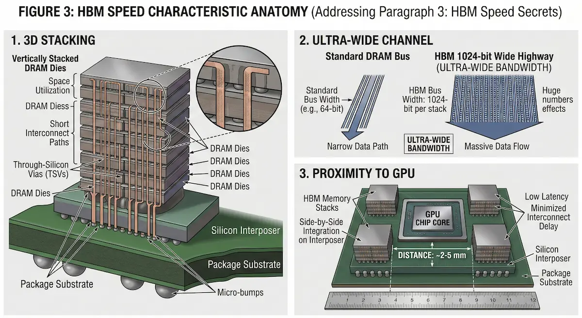 An infographic showing 3D stacking, wide data channels, and proximity to a GPU