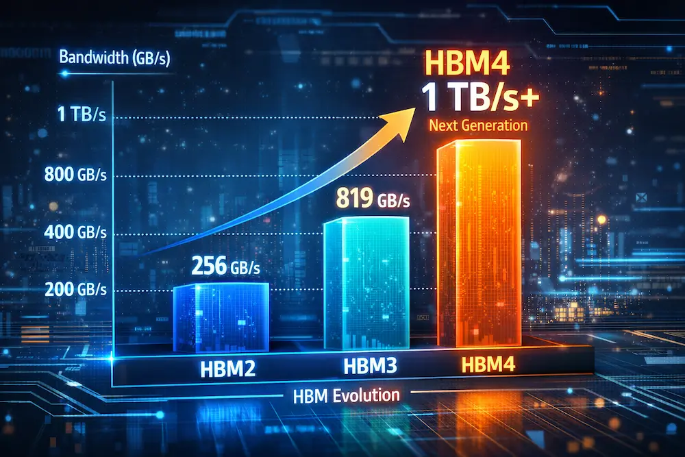 A futuristic graph showing the increasing bandwidth of HBM generations