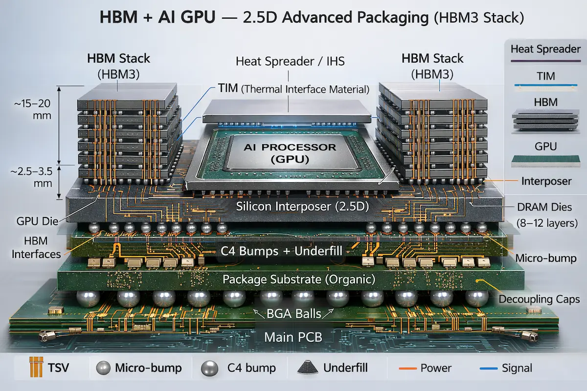A cross-section diagram of an HBM package showing the GPU, interposer, HBM stacks, and BGA