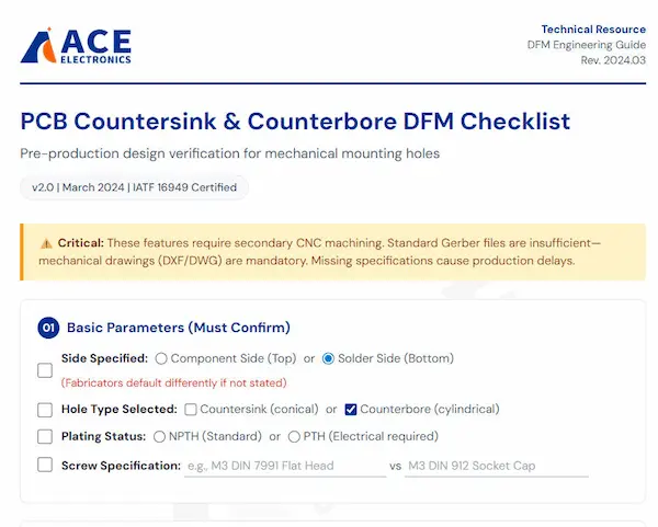 ACE Electronics PCB countersink & counterbore hole DFM Checklist screenshoot