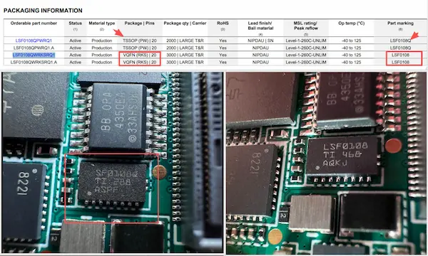 image of TI LSF0108QWRKSRQ1 top markings showing LSF0108 versus SF0108Q for QC comparison