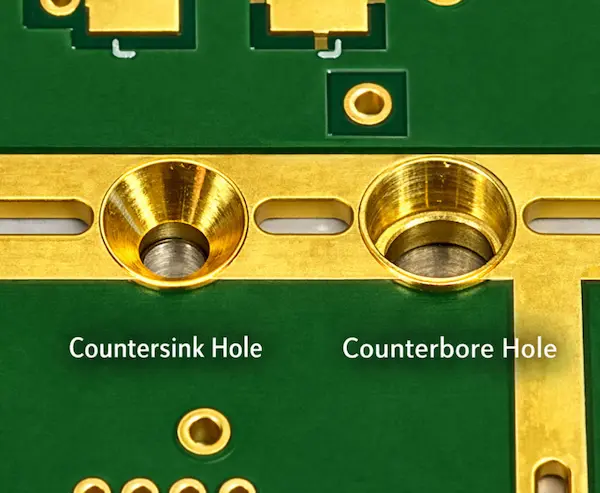 A close-up of a PCB showing both a countersink and a counterbore hole for comparison