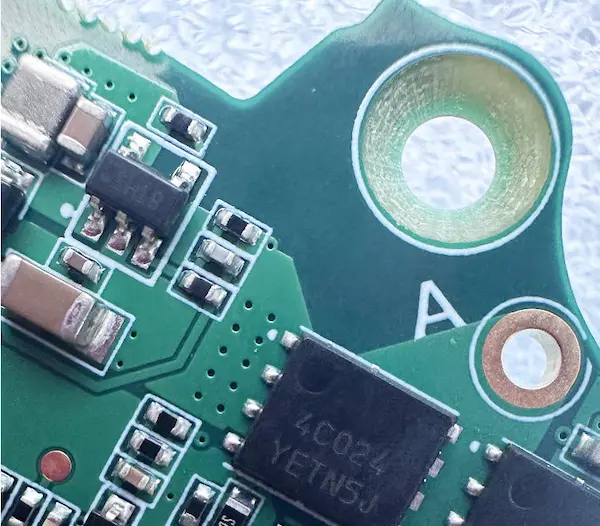 Photo of a PCB with 90&deg; countersink NPTH hole, produced by ACE Electronics