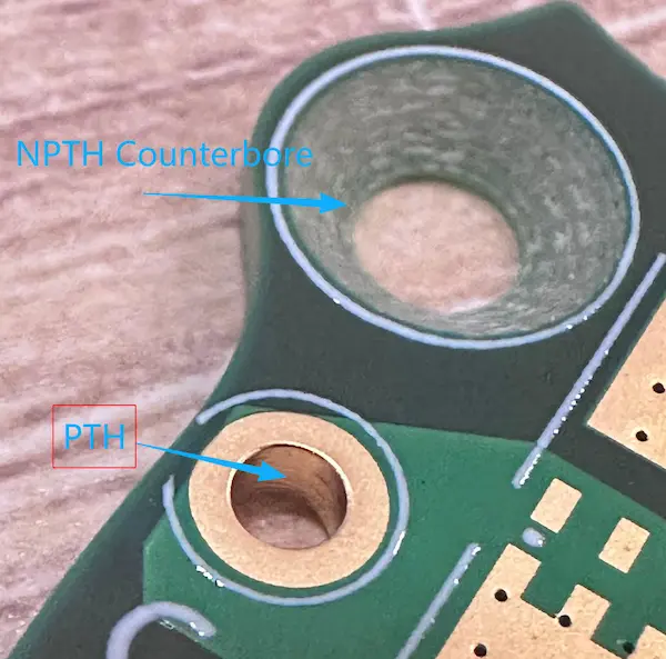 PCB Photo shows the difference of PTH & NPTH hole in PCB, shot by ACE Electronics 