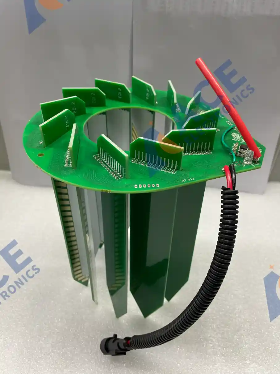 Green PCBs assembled into a circular probe module for soil insertion and root monitoring