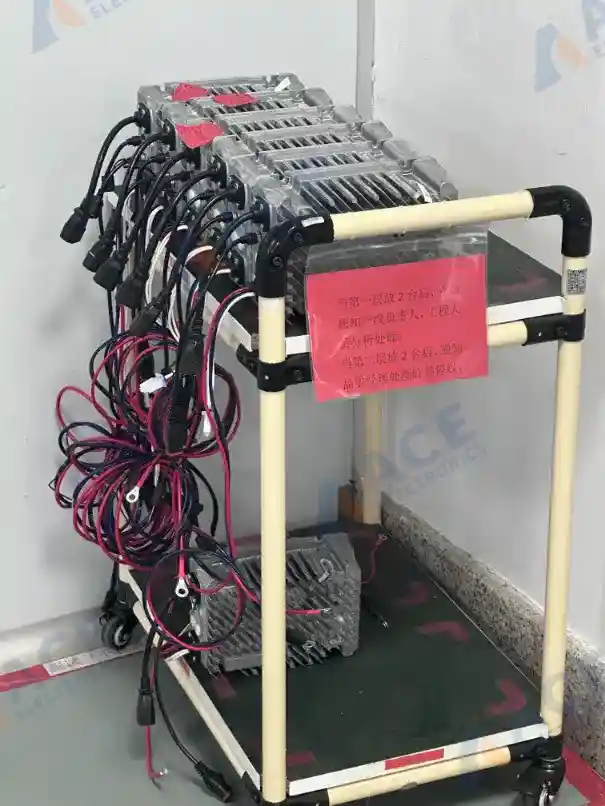 Energy storage equipment units placed on a transfer cart for production issue analysis