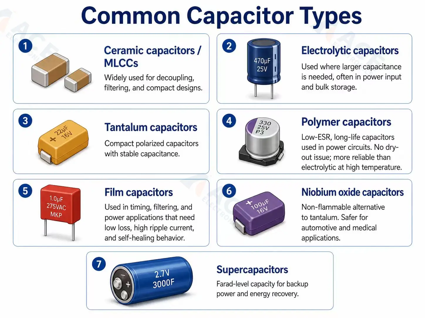 Common capacitor types used on circuit boards, including ceramic, electrolytic, tantalum, polymer, and film capacitors