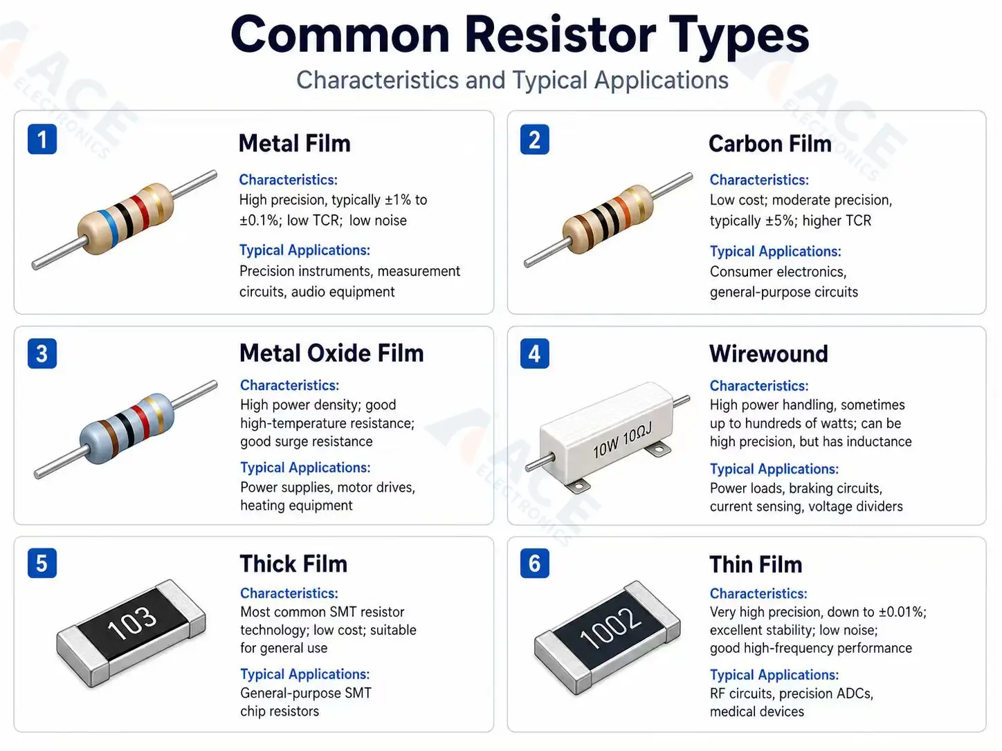 Common resistor material types for circuit boards, including carbon film, metal film, thick film, thin film, and wirewound resistors