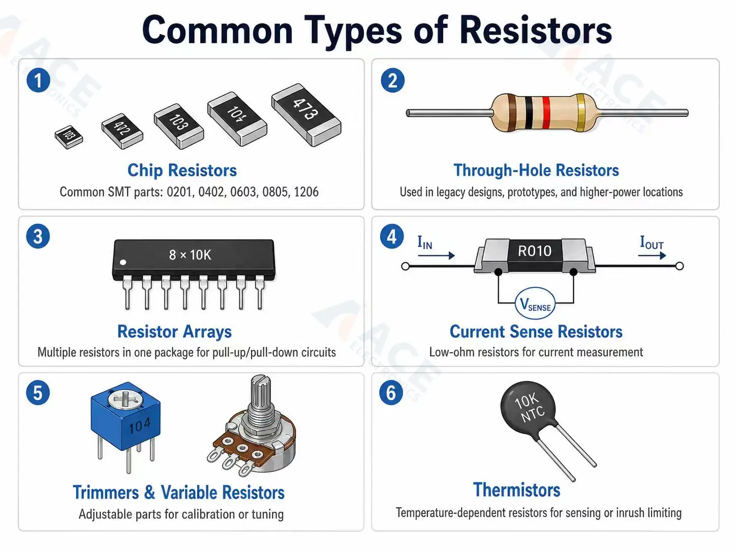 Common resistor types used on PCBs, including chip resistors, resistor arrays, current sense resistors, and trimmers