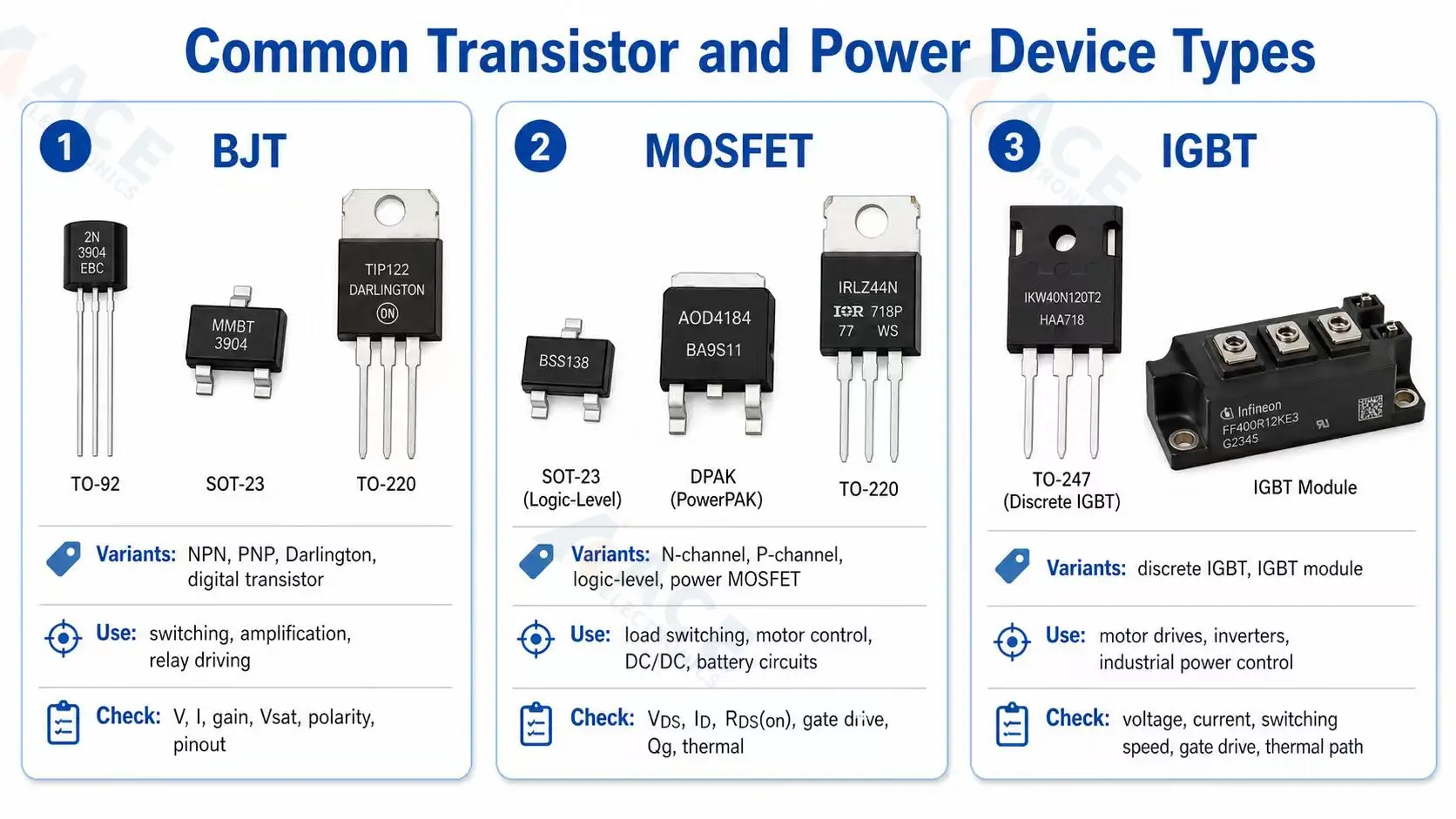 Common transistor and MOSFET types used for PCB switching, amplification, and power control