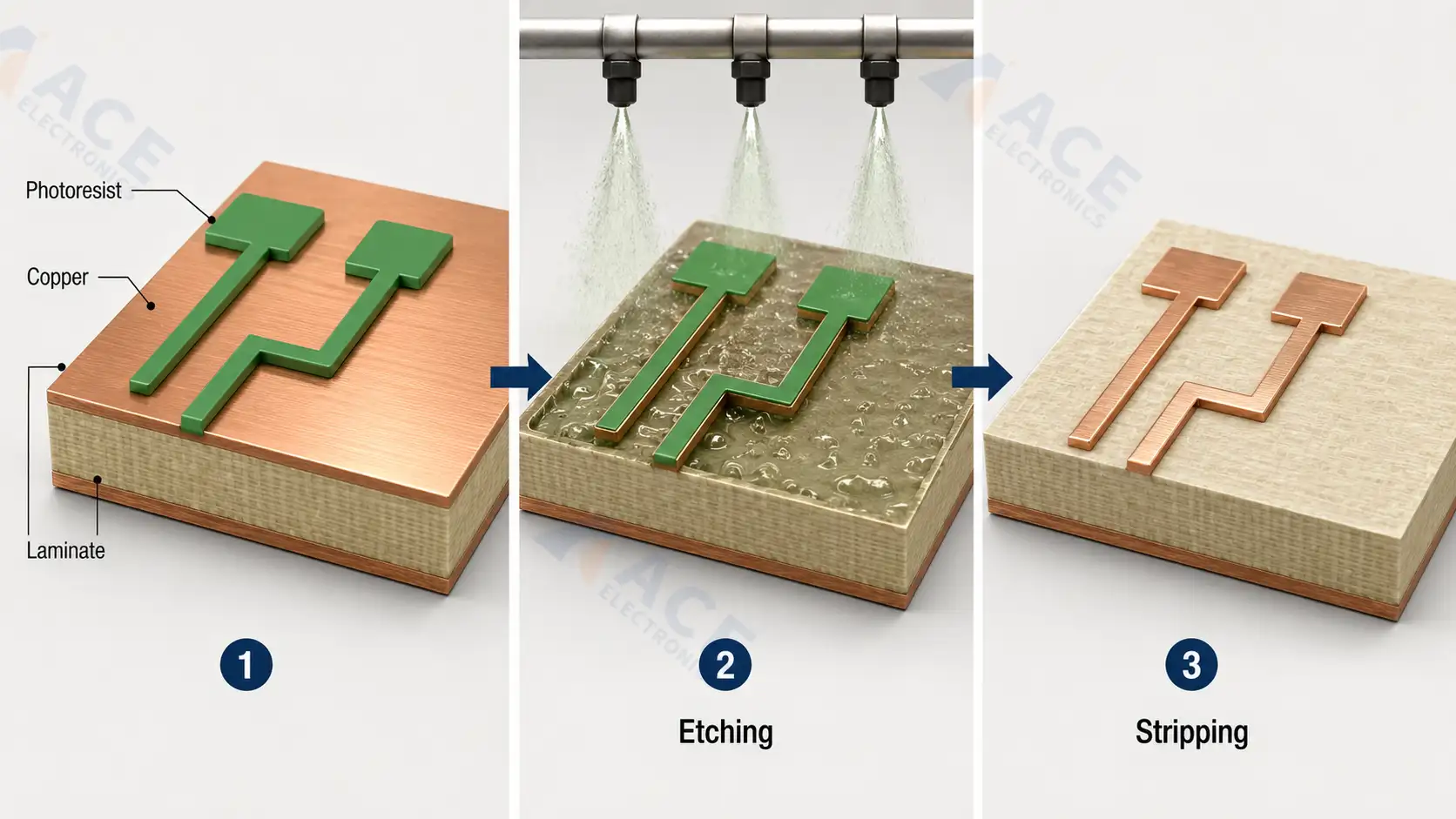 Inner layer etching and photoresist stripping in PCB fabrication