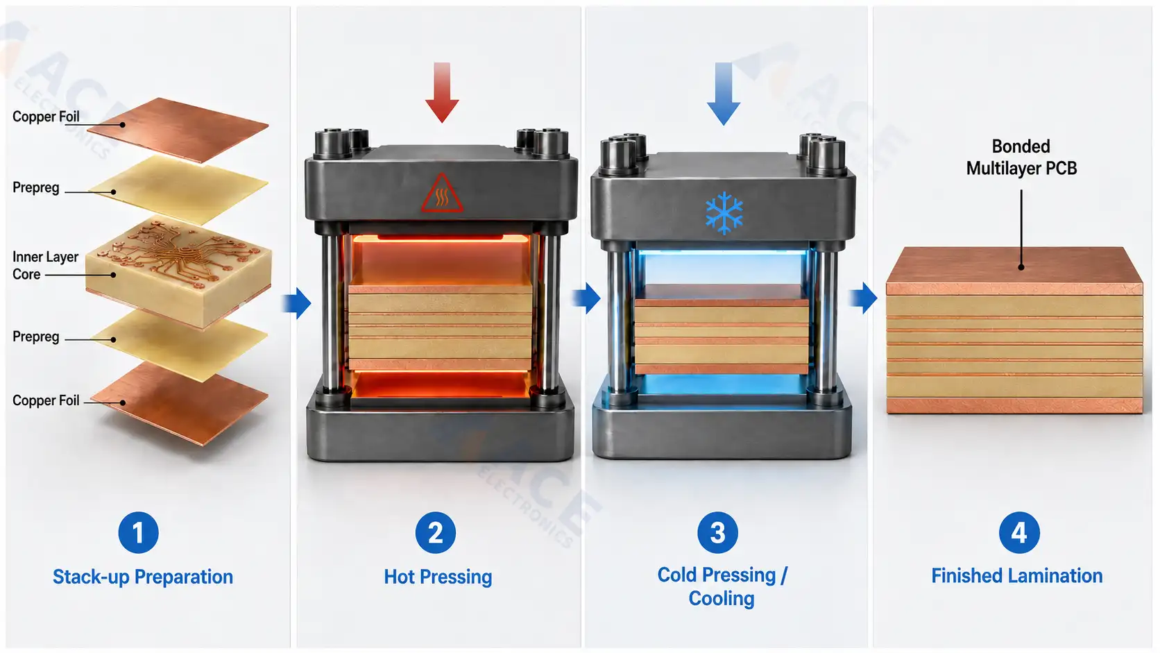 PCB lay-up and lamination process for multilayer printed circuit boards