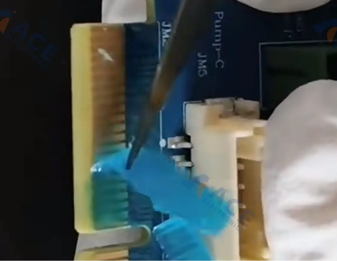 Peelable mask applied to protect irregular PCB areas before conformal coating