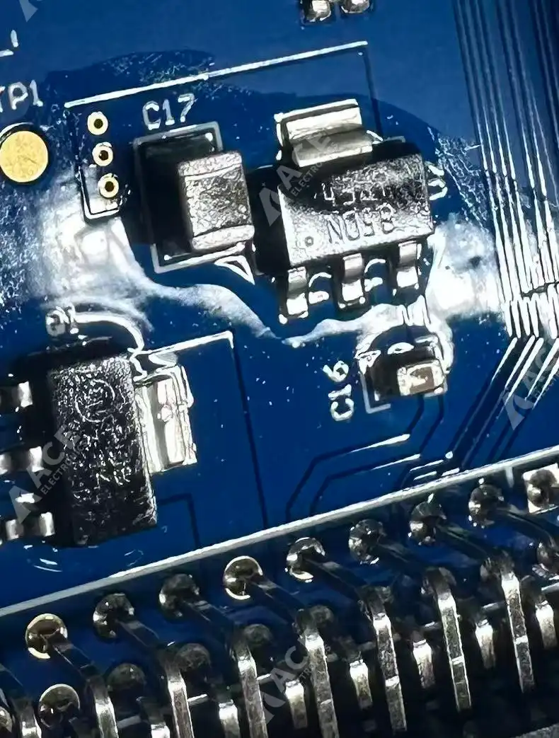 Partial acrylic conformal coating applied to a PCBA by ACE Electronics