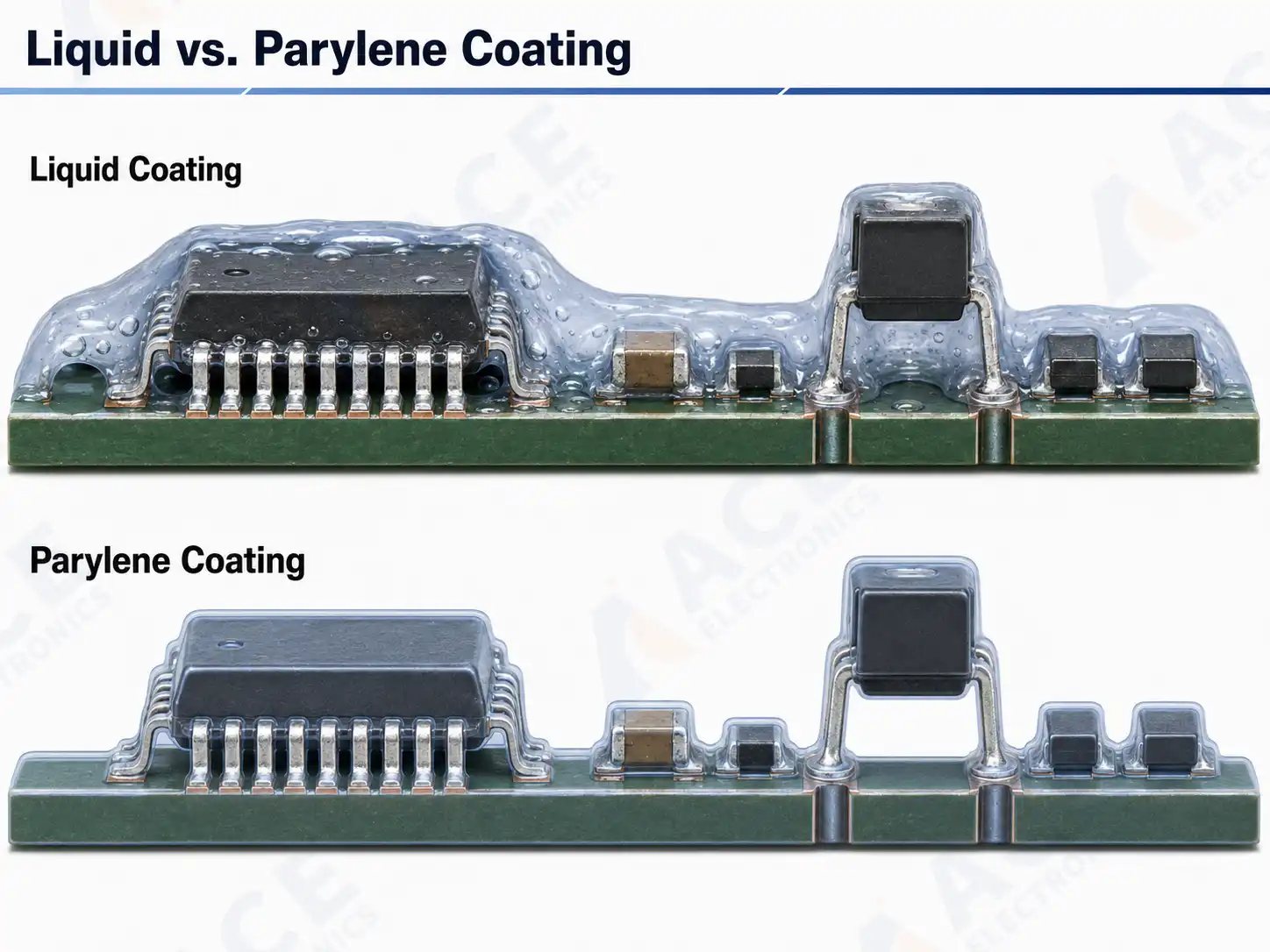 Comparison of liquid conformal coating and parylene coating on a PCB assembly