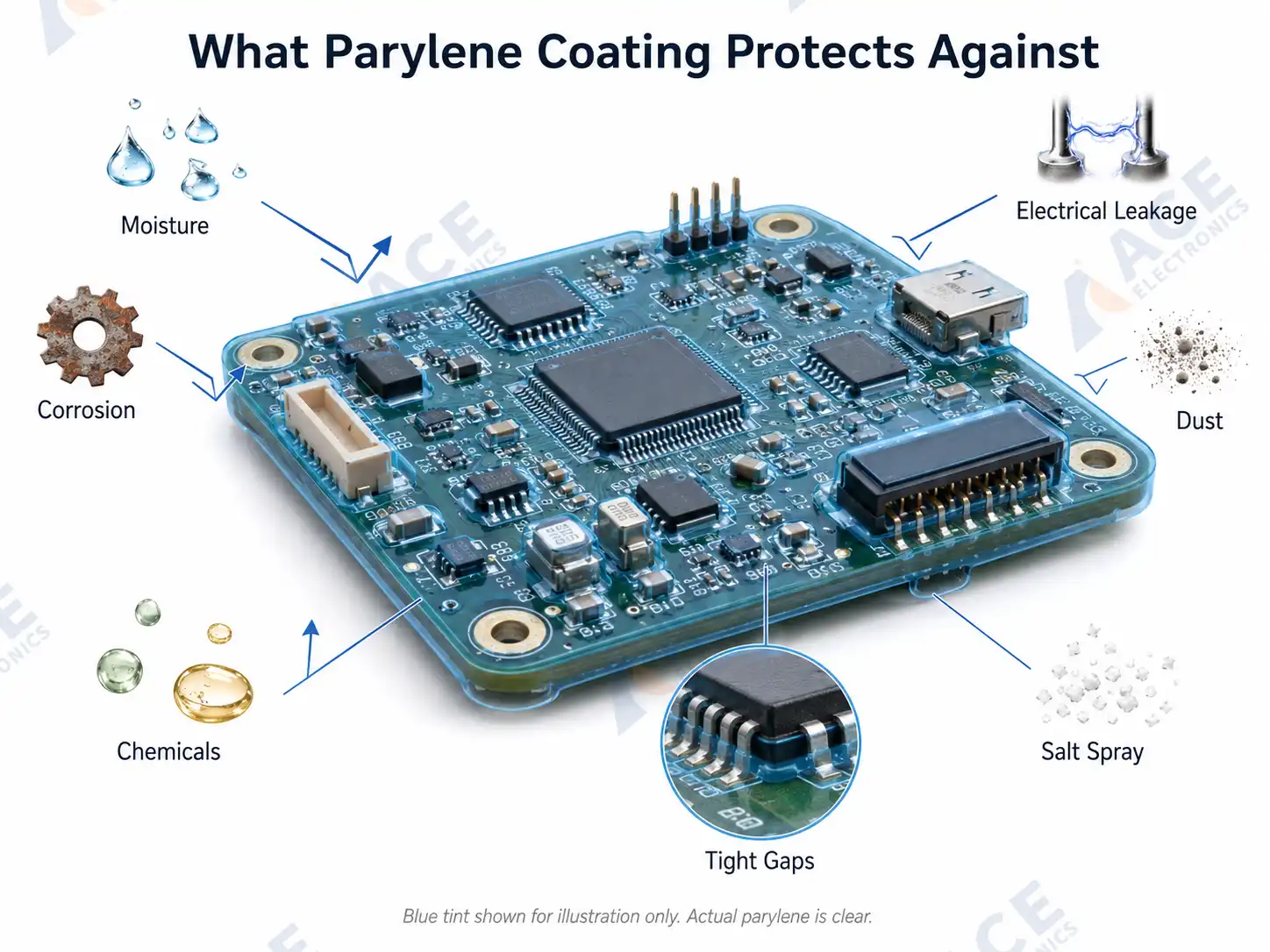 Parylene conformal coating protects a PCB assembly from moisture, corrosion, electrical leakage, dust, chemicals, salt spray, and tight-gap contamination.