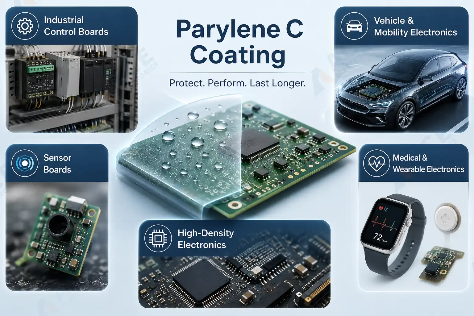 Parylene C coating used in industrial PCB assembly applications