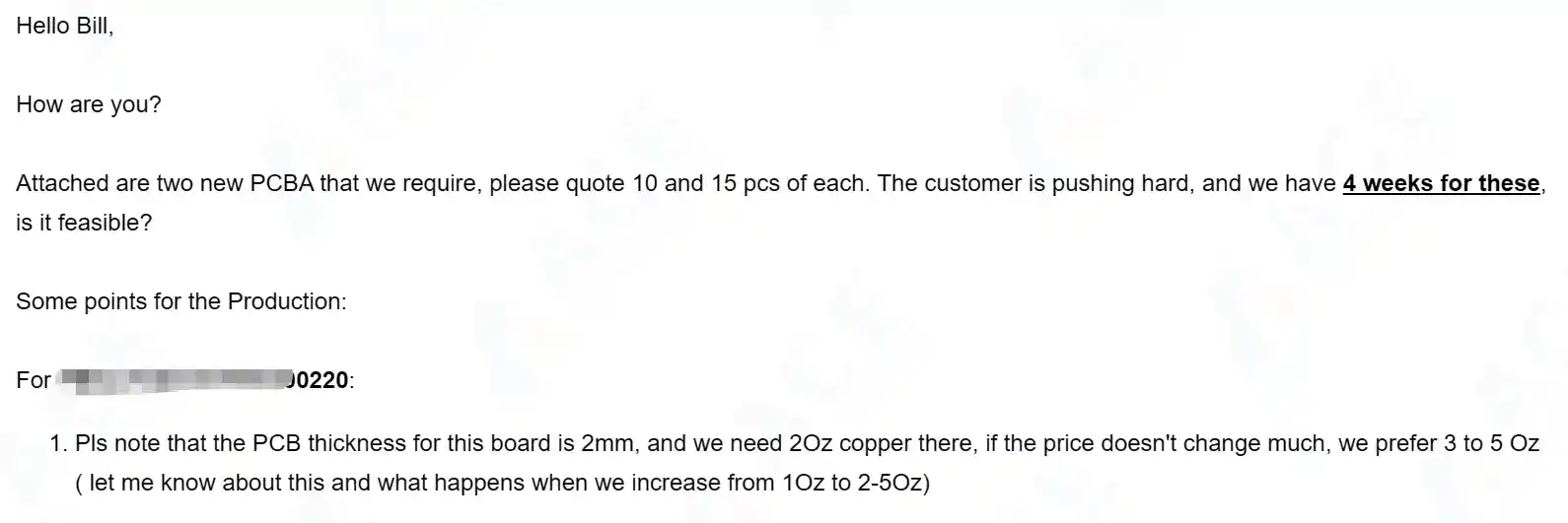 Client email inquiry requesting 12-layer PCB quote with 1oz, 2oz and 5oz copper weight options