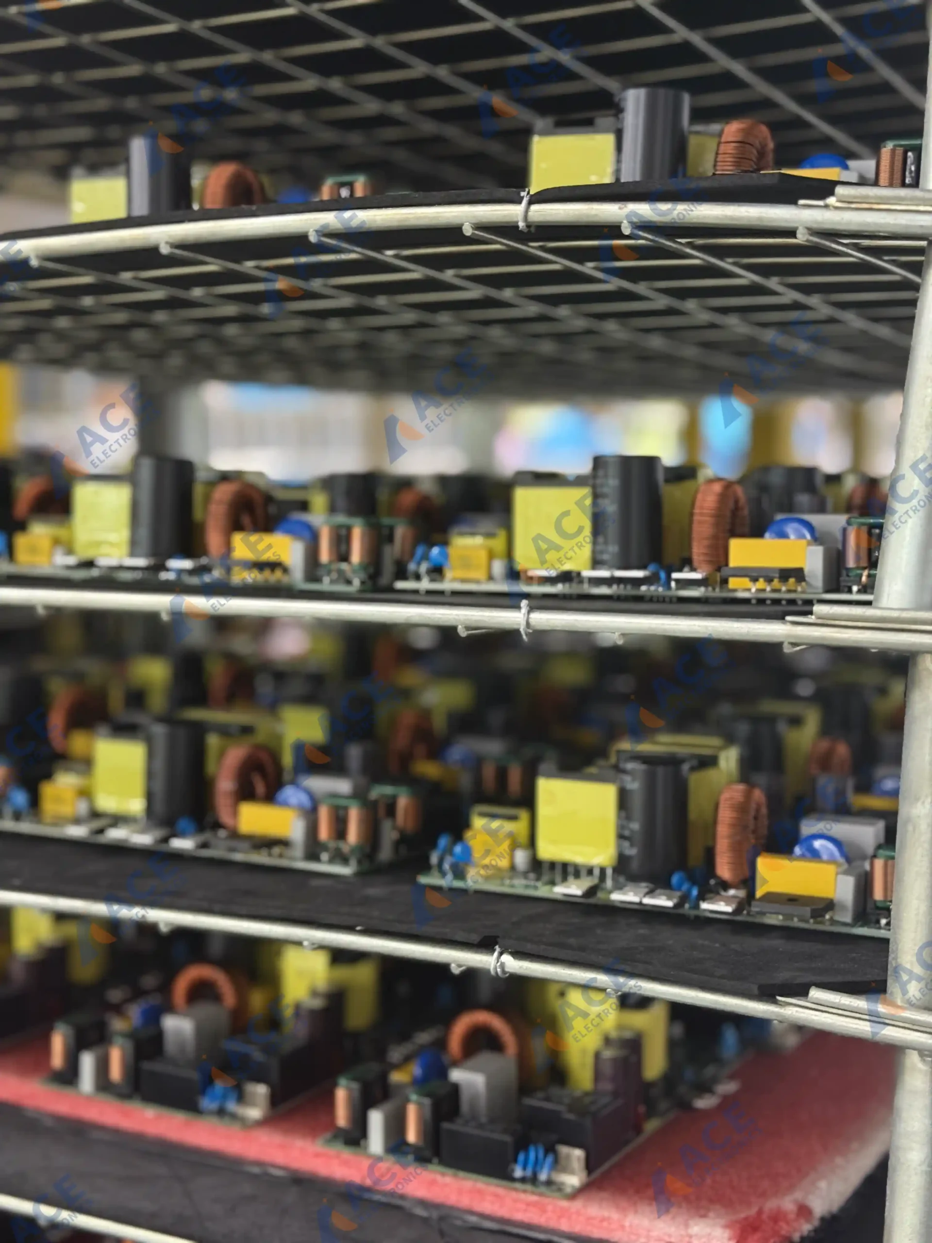 Power PCBAs for energy storage equipment placed on transfer racks before final assembly