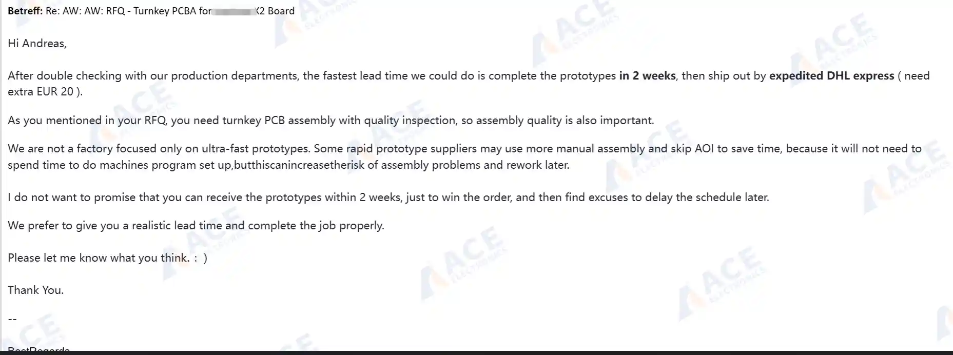 Email from ACE Electronics to a German automotive customer explaining that a one-week PCB assembly lead time is only possible by skipping AOI and X-ray inspection steps