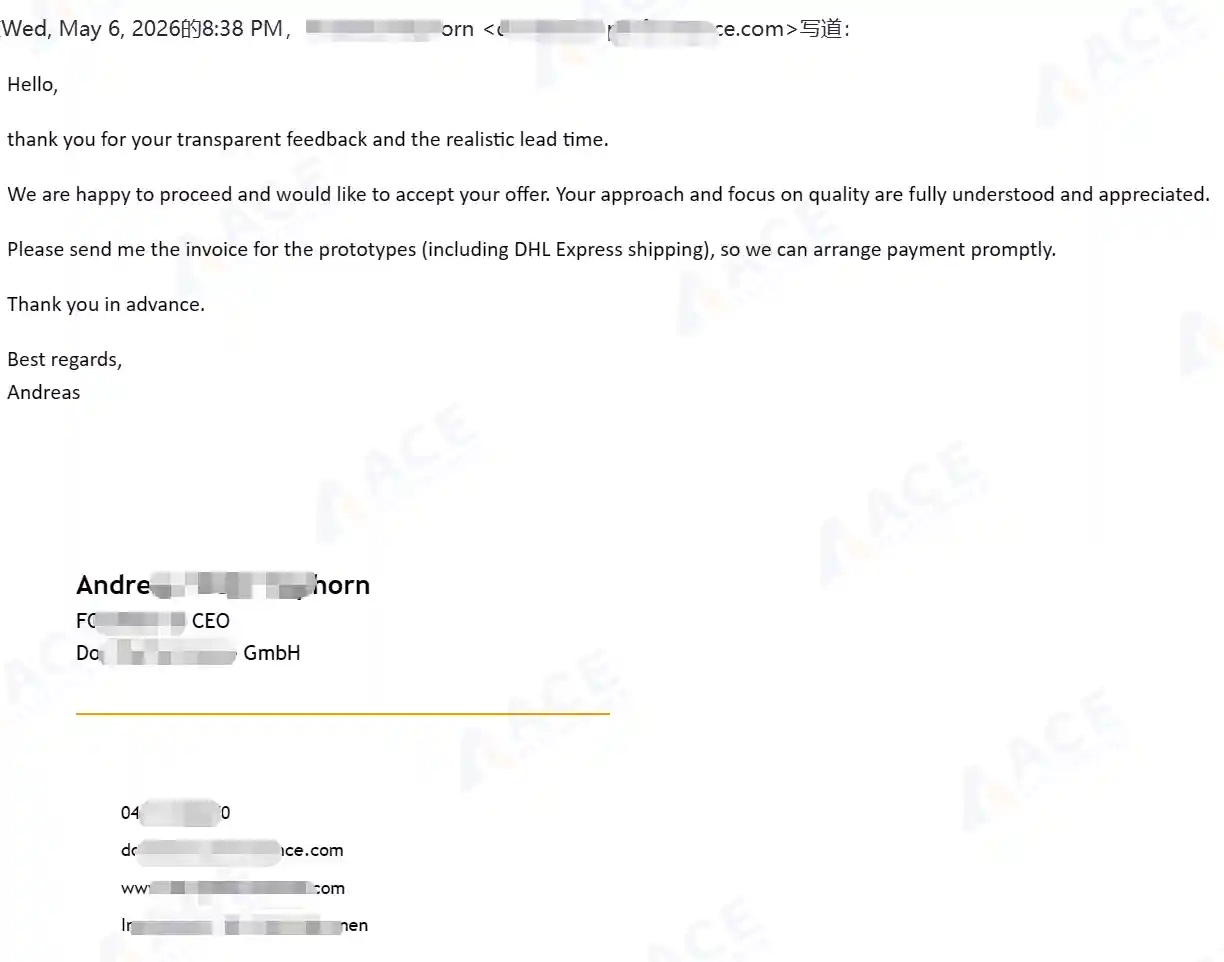 Reply email from a German automotive customer confirming they accept the two-week lead time with full AOI and X-ray inspection instead of the one-week quote that skipped inspection