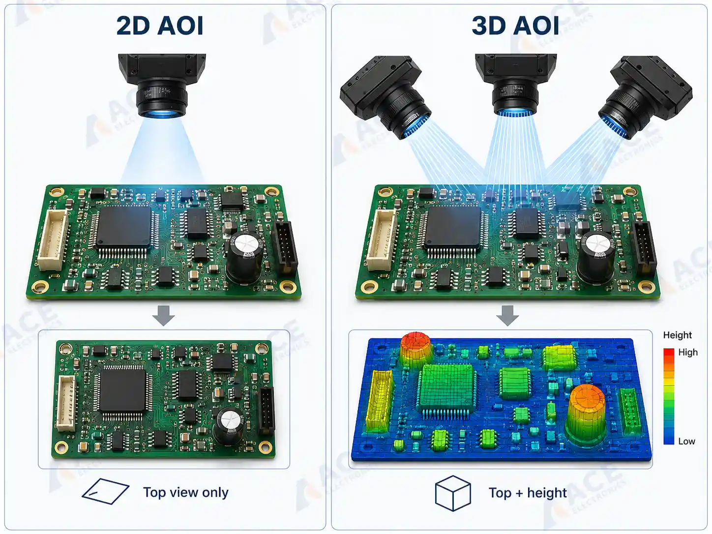 Comparison diagram showing the difference between 2D AOI top-down imaging and 3D AOI height and volume measurement