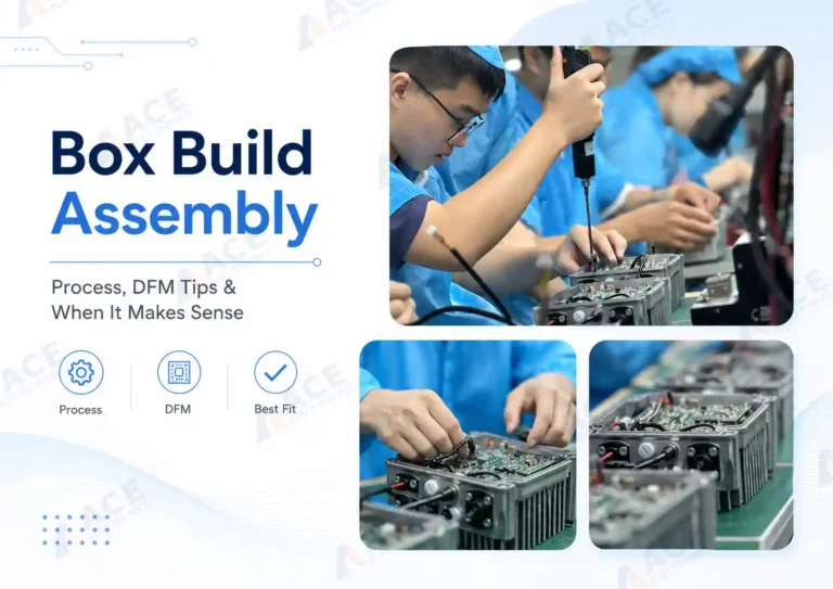 Box build assembly process with workers installing electronics into aluminum enclosures