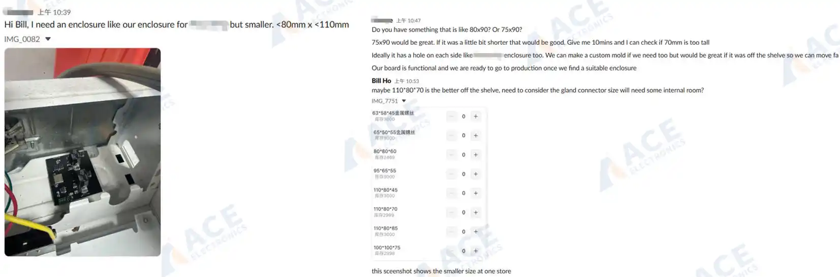 Slack conversation with a USA-based client discussing enclosure dimensions, cable gland specifications, and Bill of Materials details for a new PCB box build assembly project