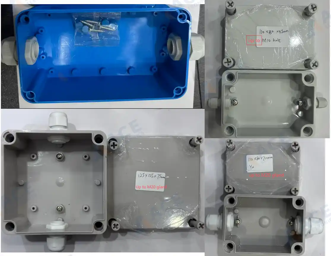 Ready-made ASB enclosure samples with matching cable glands sourced for a client's PCB box build assembly project