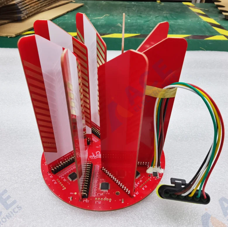 Main PCB assembled with twelve arrow-shaped sensing boards