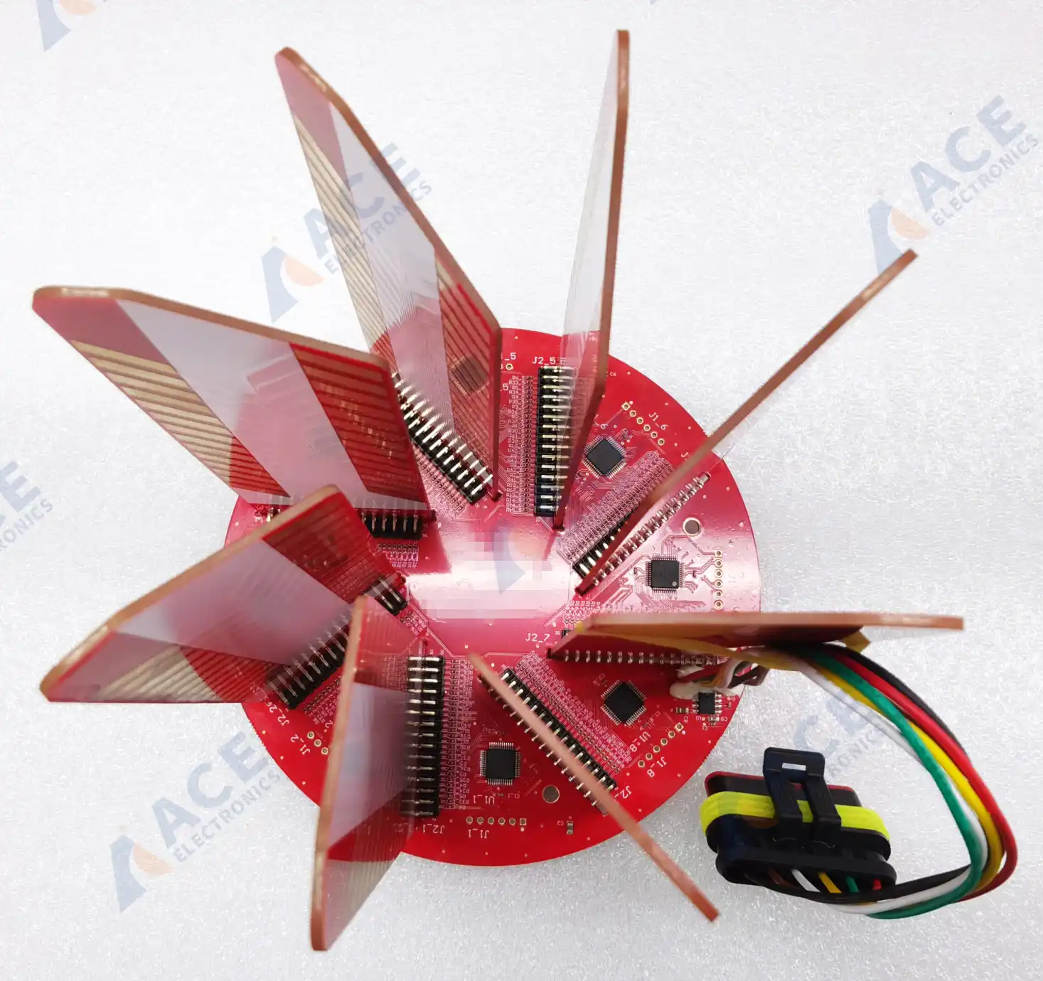 Top view of main PCB with twelve arrow-shaped sensing boards