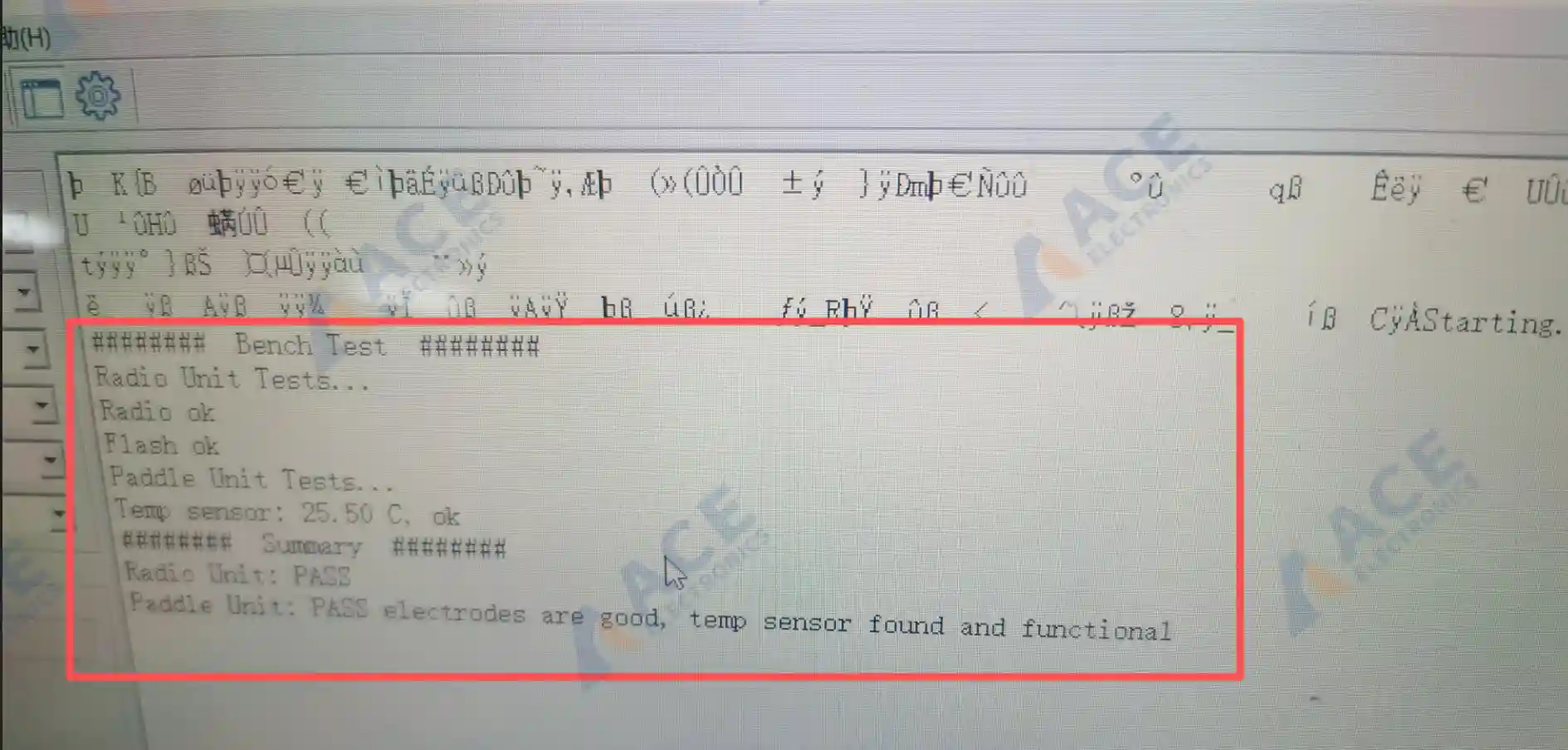 Serial test log used for test fixture debugging and fault reproduction