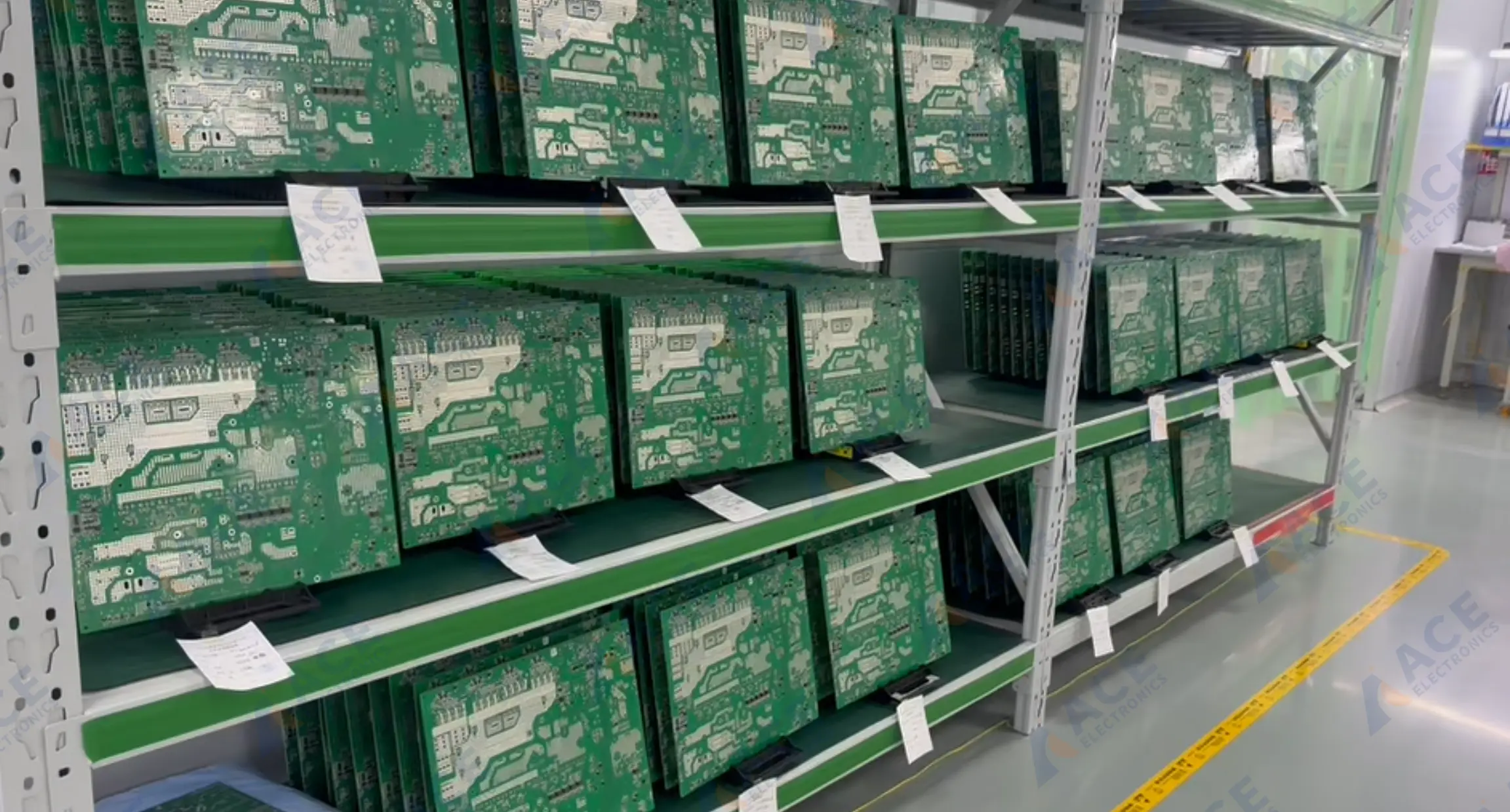 Energy storage PCBAs staged on production racks before final box build assembly