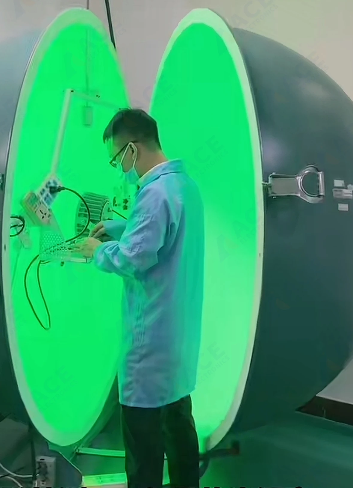 LED light board undergoing integrating sphere optical testing at ACE Electronics
